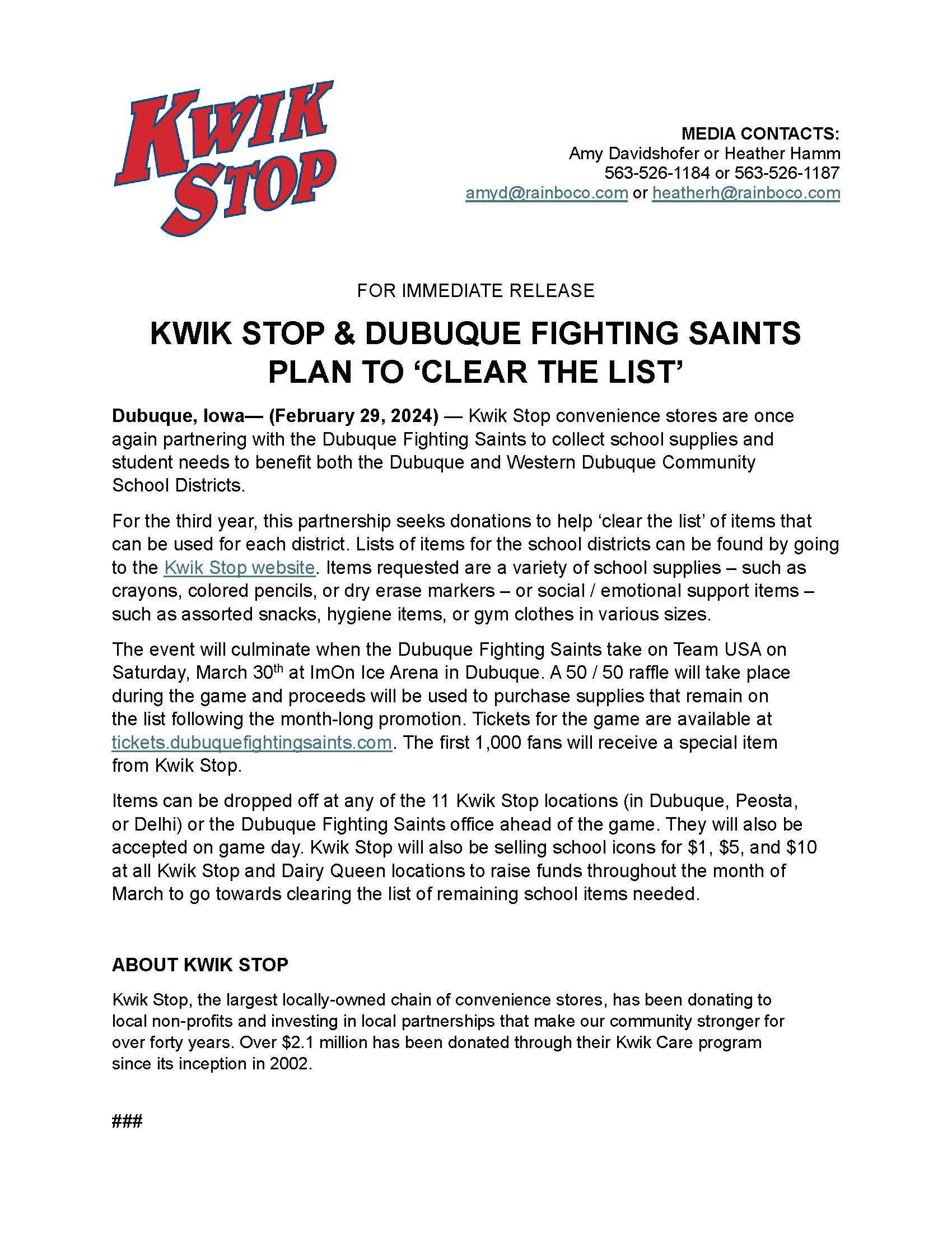 Kwik Stop Clear The List Press Release